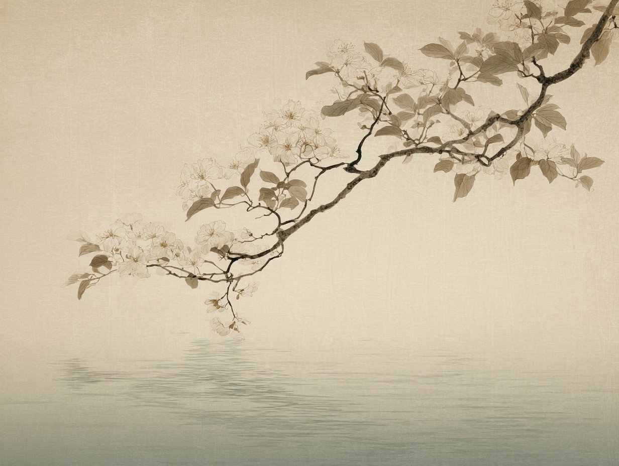Blossom branch over still water — Japanese woodblock