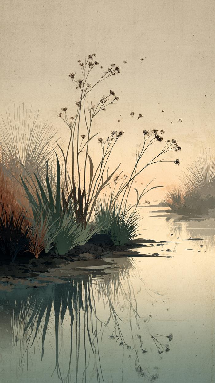 Quiet waterside reeds at dusk